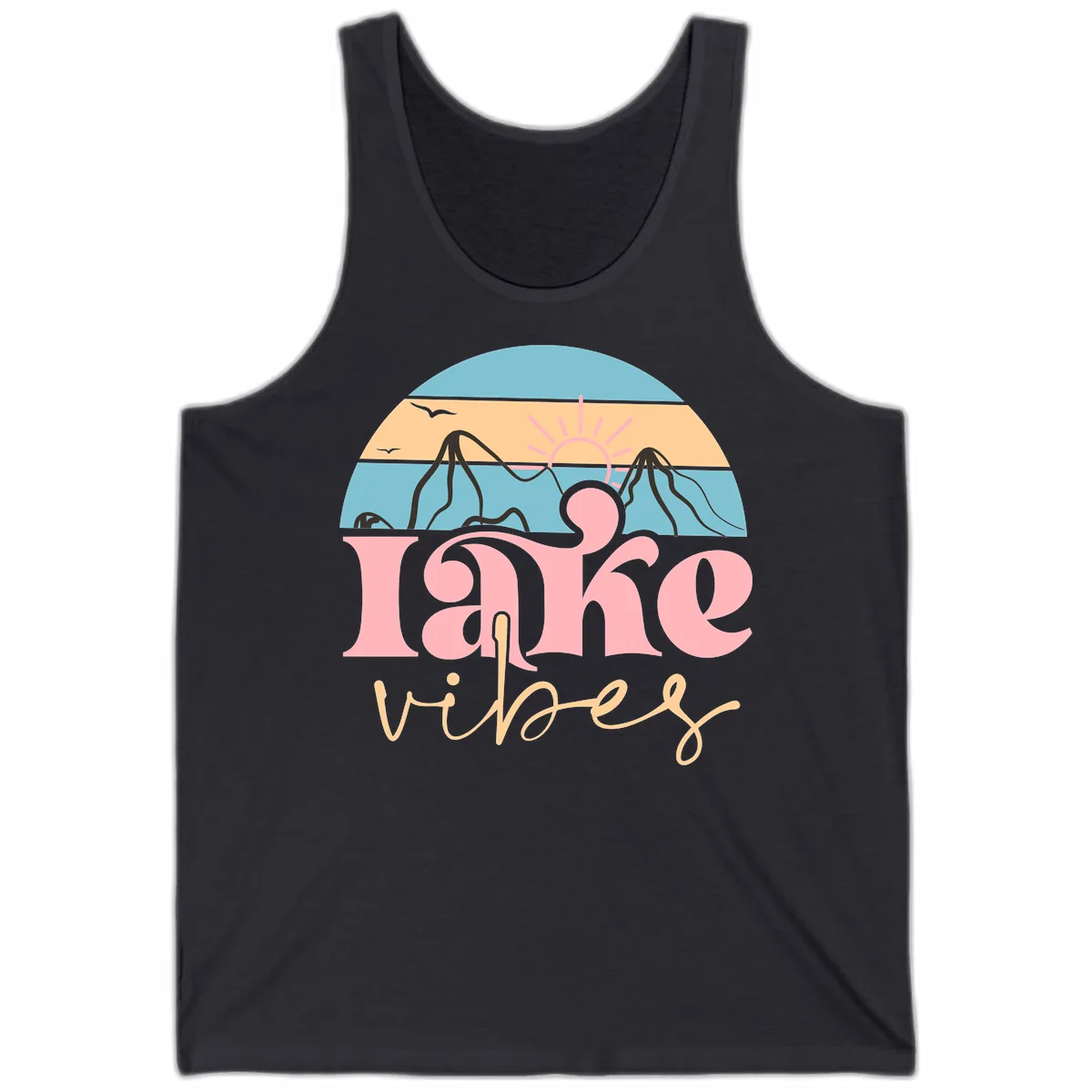 Lake Vibes Retro Sunset Mountain Tank in Dark Grey