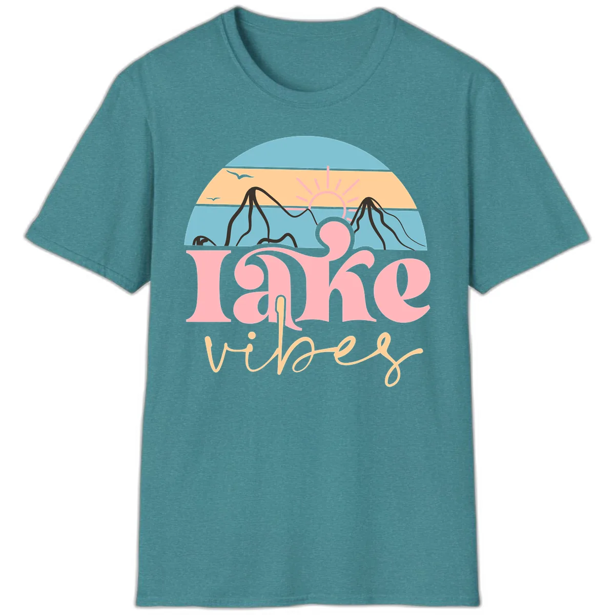 Lake Vibes Retro Sunset Mountain T-Shirt in Heather Galapagos Blue