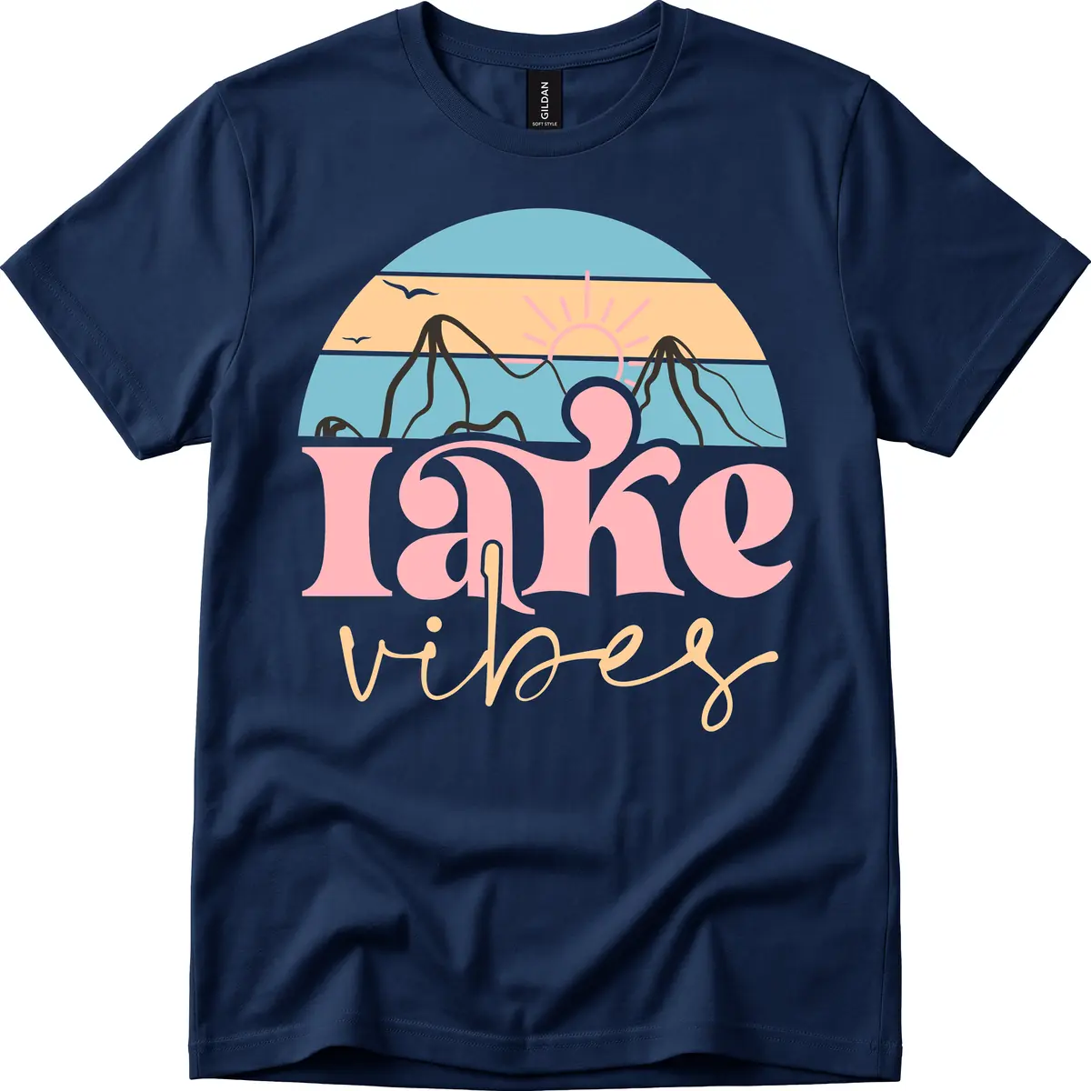 Lake Vibes Retro Sunset Mountain T-Shirt in Navy