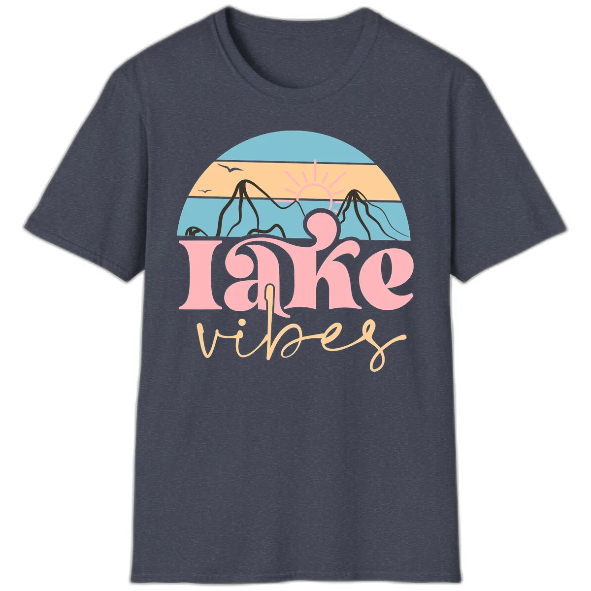 Lake Vibes Retro Sunset Mountain T-Shirt in Heather Navy