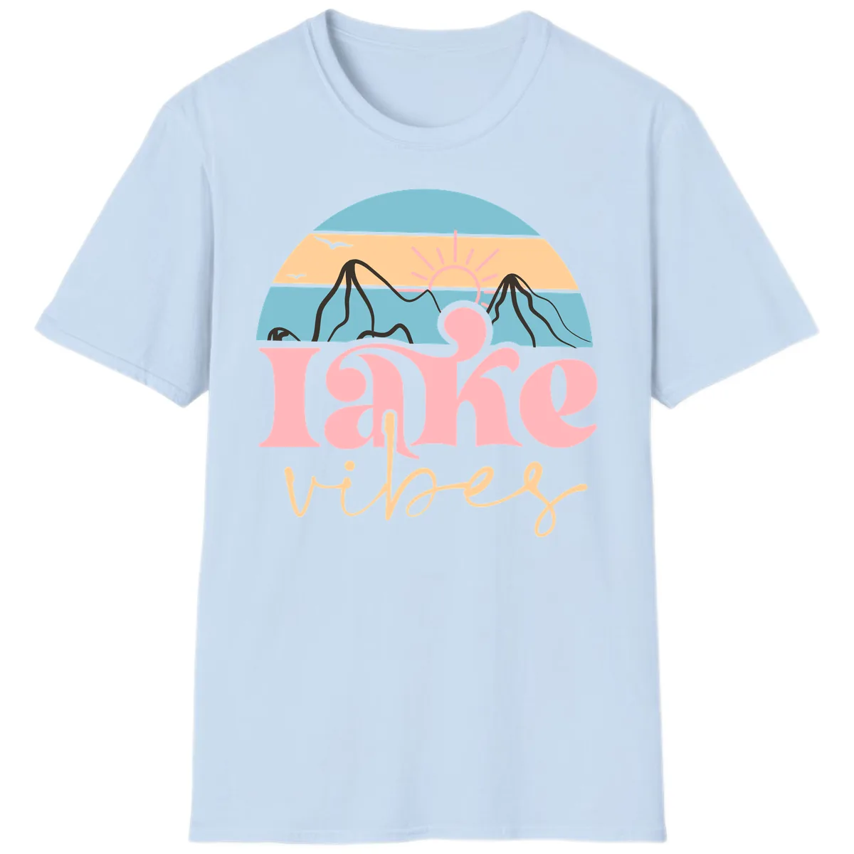 Lake Vibes Retro Sunset Mountain T-Shirt in Light Blue