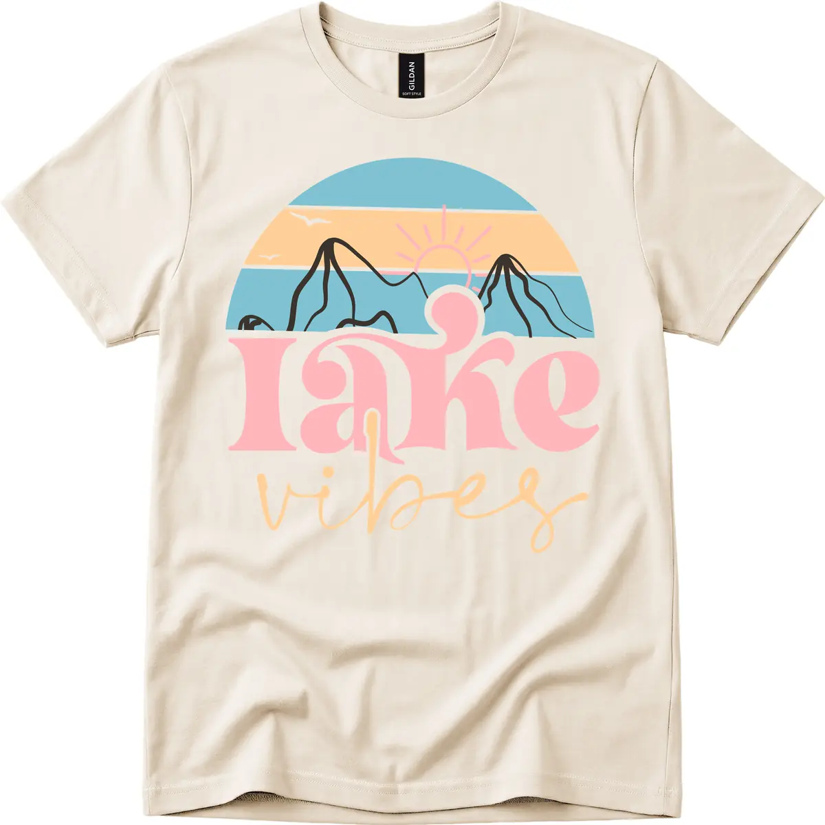Lake Vibes Retro Sunset Mountain T-Shirt in Natural