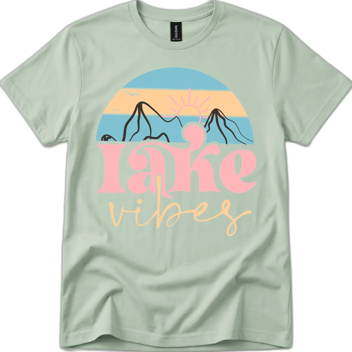 Lake Vibes Retro Sunset Mountain T-Shirt in Sage