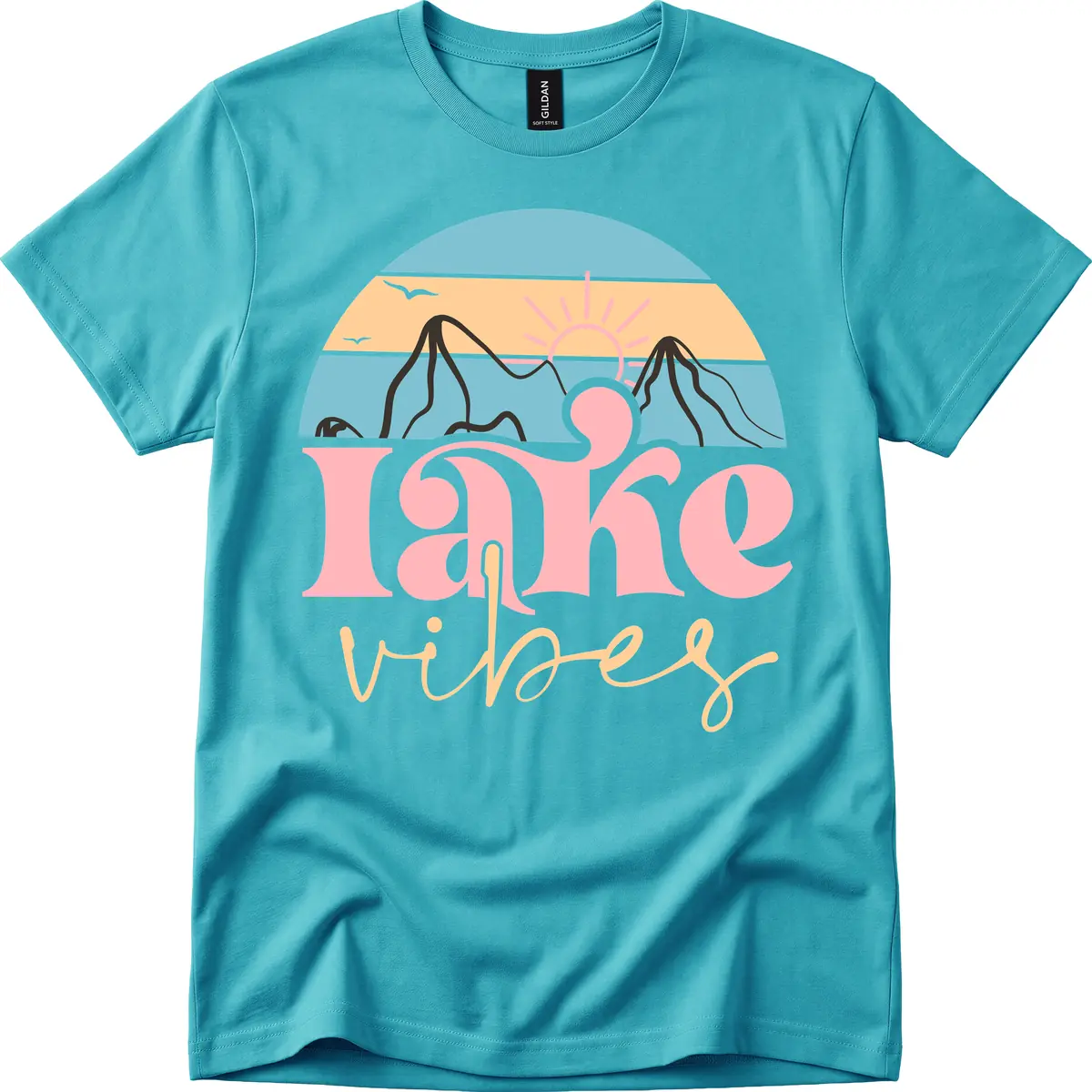 Lake Vibes Retro Sunset Mountain T-Shirt in Tropical Blue