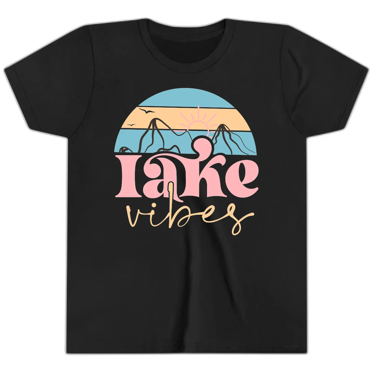 Lake Vibes Retro Sunset Mountain Youth T-Shirt in Black
