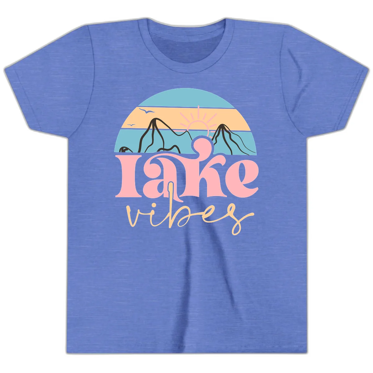 Lake Vibes Retro Sunset Mountain Youth T-Shirt in Heather Columbia Blue
