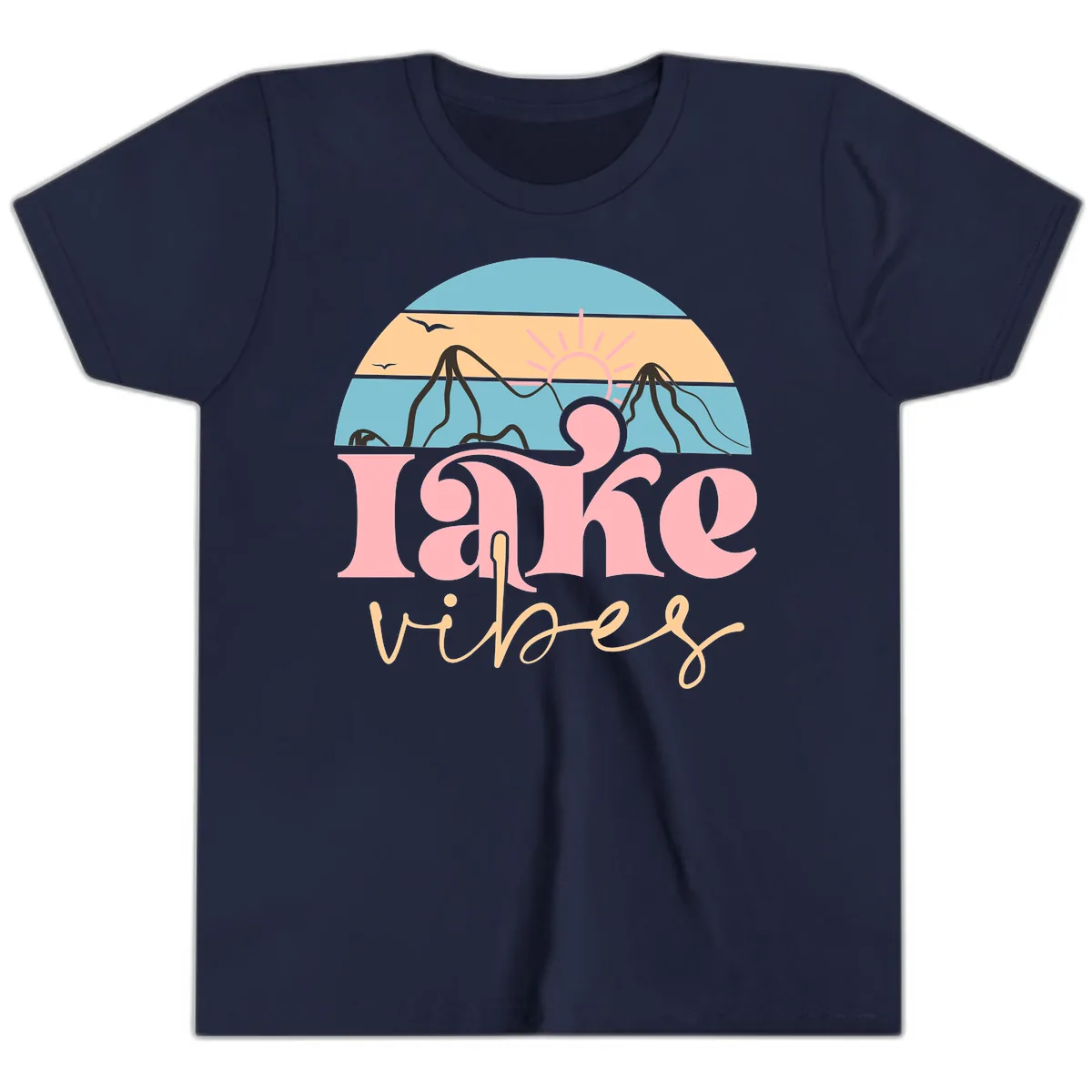 Lake Vibes Retro Sunset Mountain Youth T-Shirt in Navy
