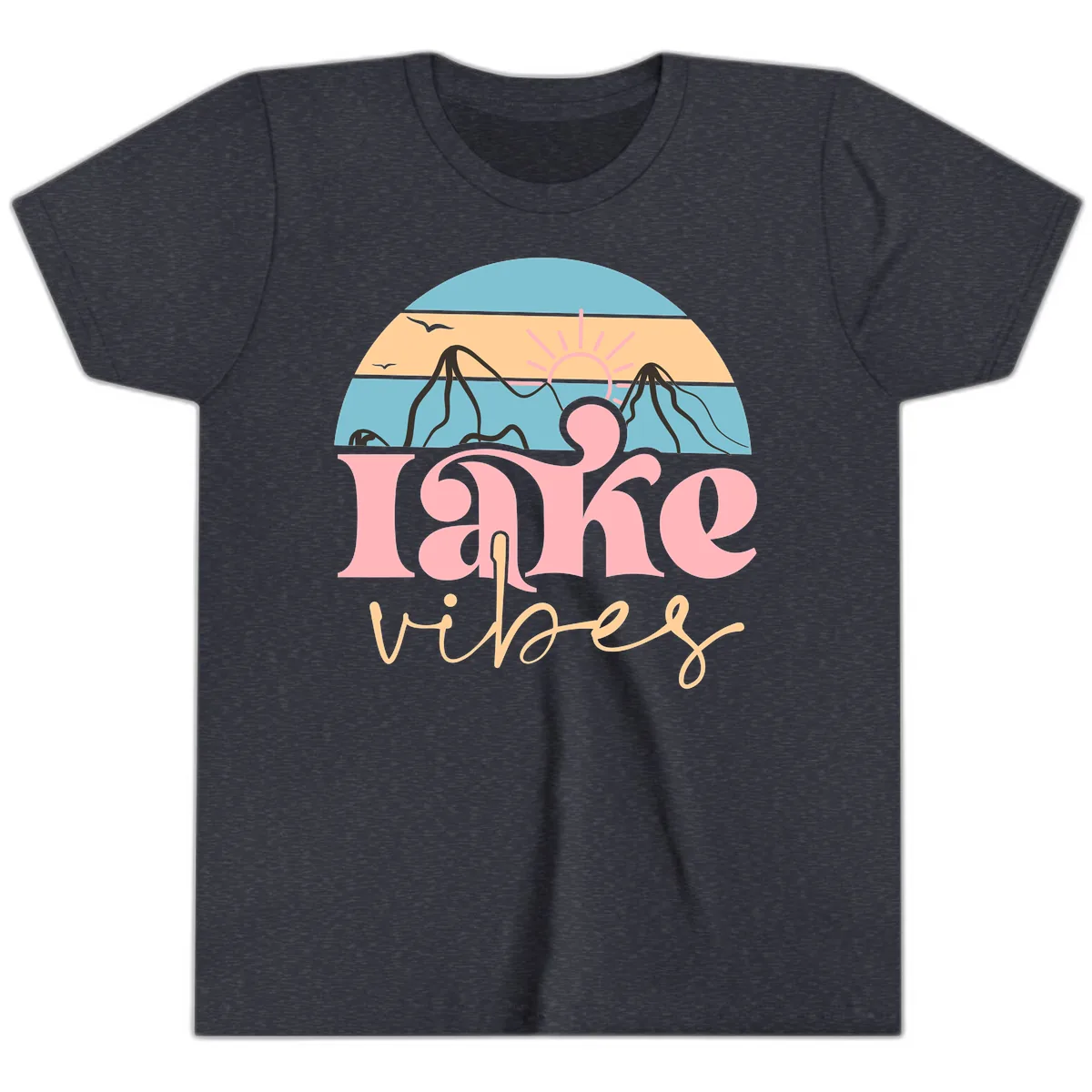 Lake Vibes Retro Sunset Mountain Youth T-Shirt in Heather Navy