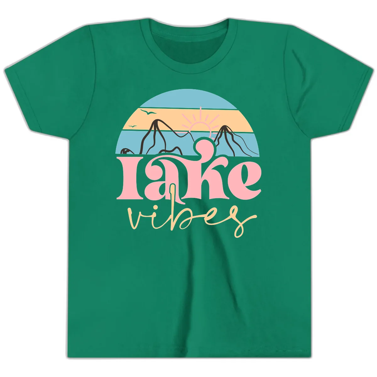 Lake Vibes Retro Sunset Mountain Youth T-Shirt in Kelly