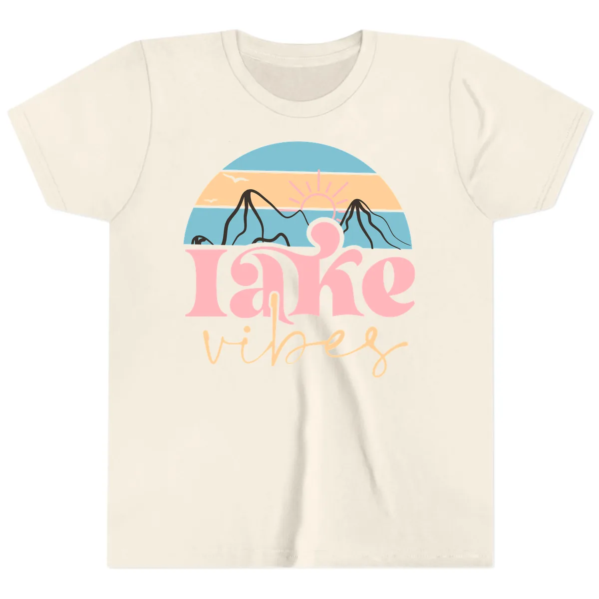 Lake Vibes Retro Sunset Mountain Youth T-Shirt in Natural