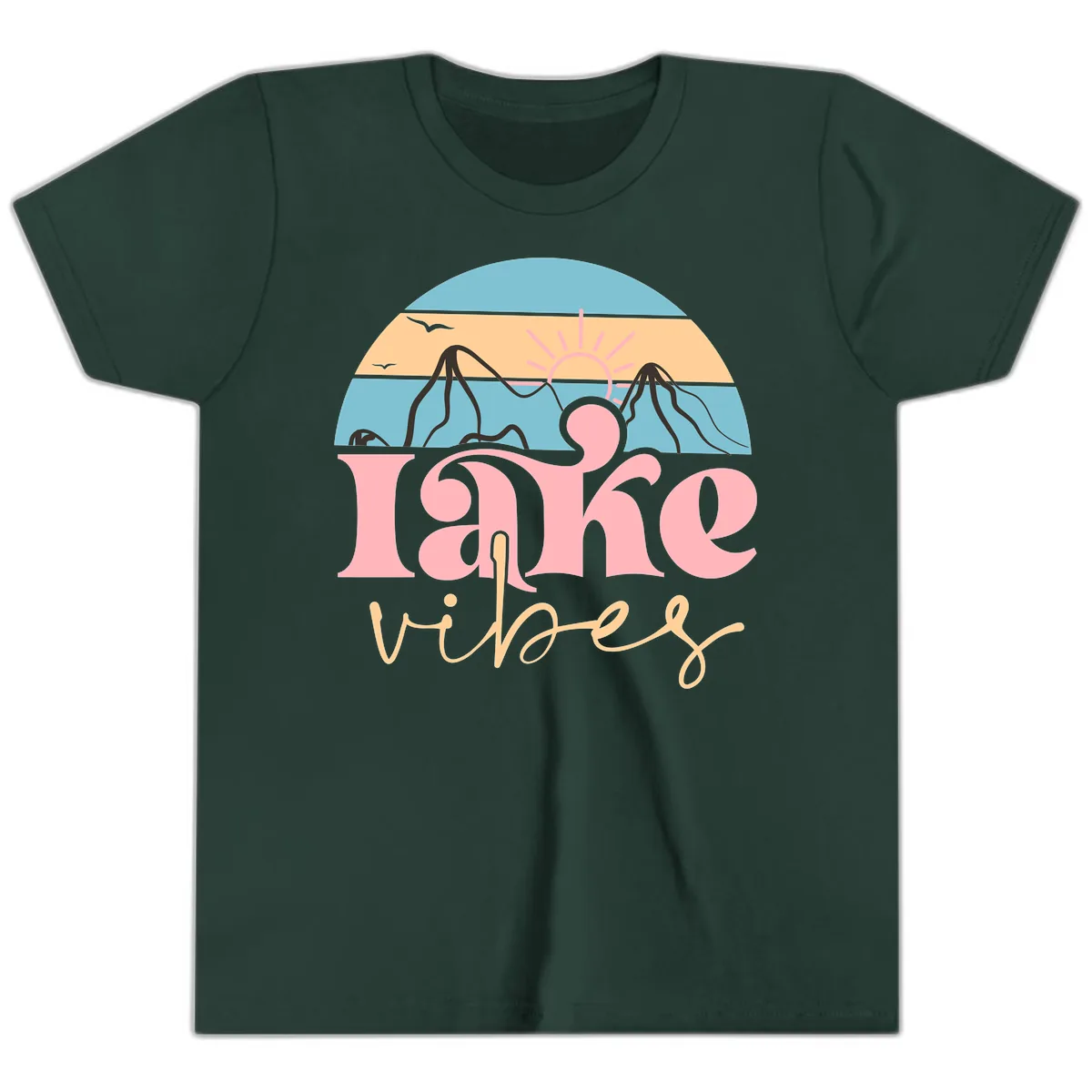 Lake Vibes Retro Sunset Mountain Youth T-Shirt in Forest