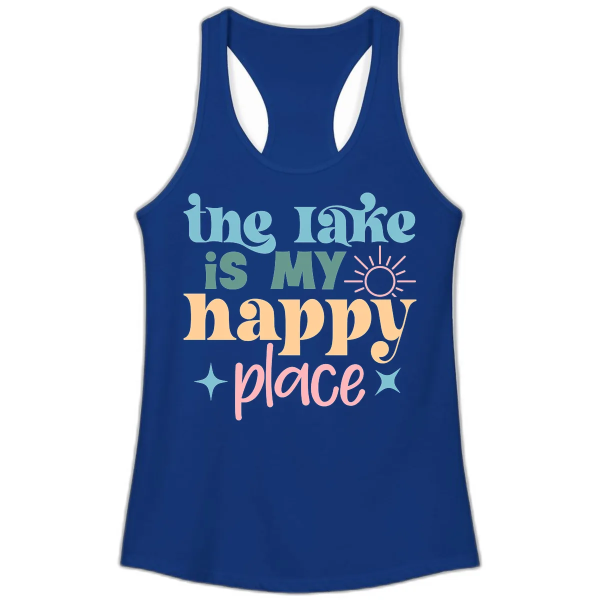 The Lake Is My Happy Place Apparel Ladies Tank in Solid Royal
