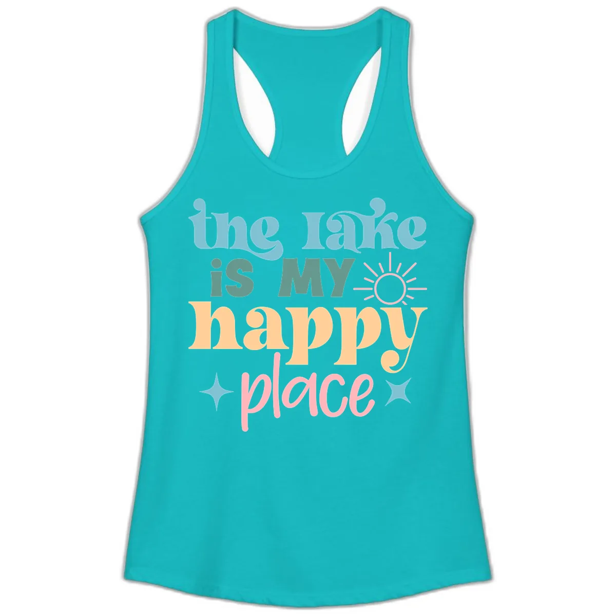 The Lake Is My Happy Place Apparel Ladies Tank in Tahiti Blue
