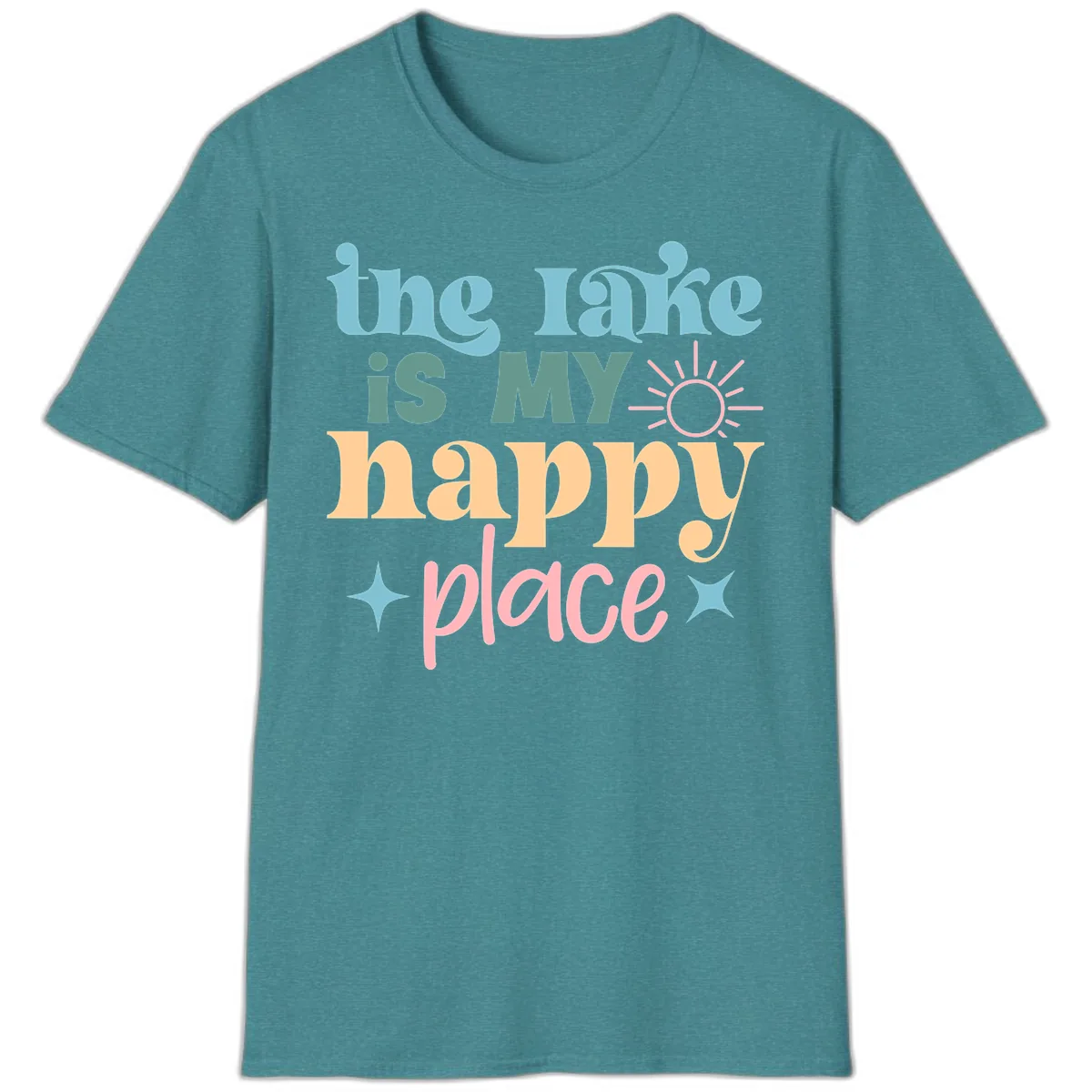 The Lake Is My Happy Place Apparel T-Shirt in Heather Galapagos Blue