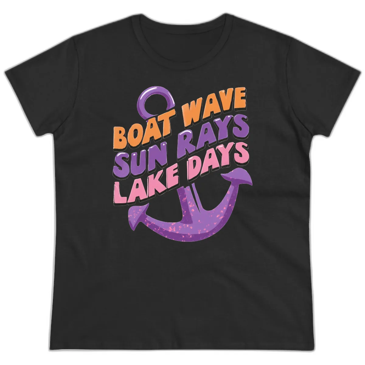 Boat Wave Sun Rays Lake Days Design Ladies Tee in Black
