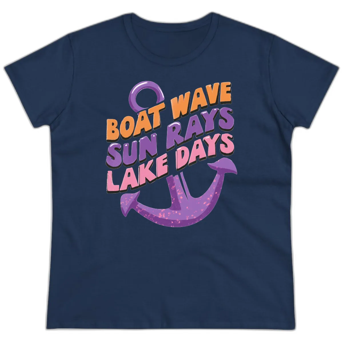 Boat Wave Sun Rays Lake Days Design Ladies Tee in Navy