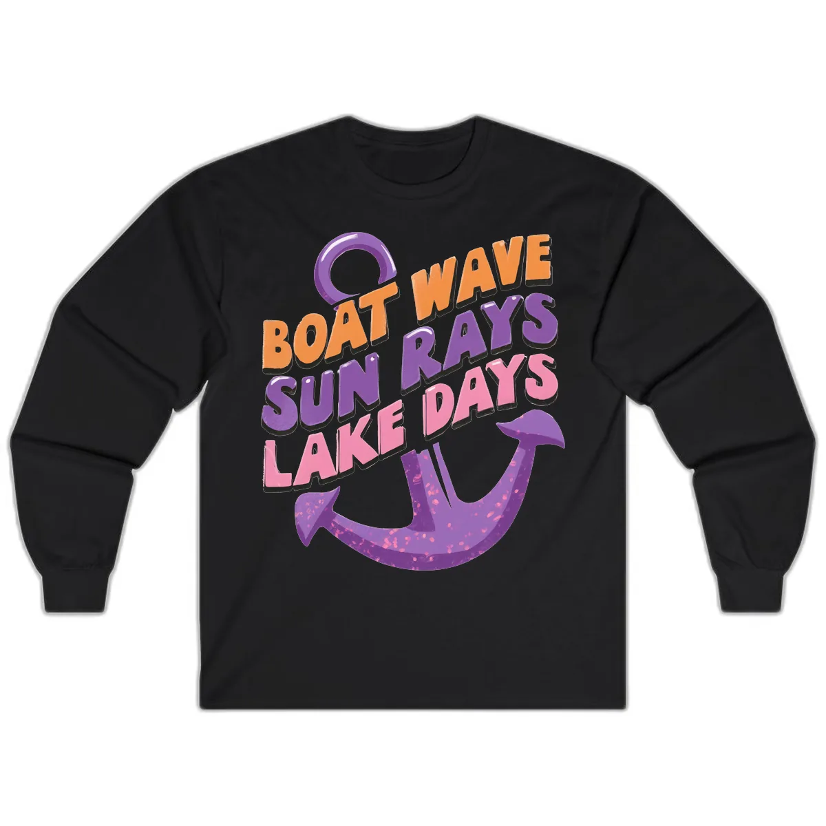 Boat Wave Sun Rays Lake Days Design Long Sleeve in Black
