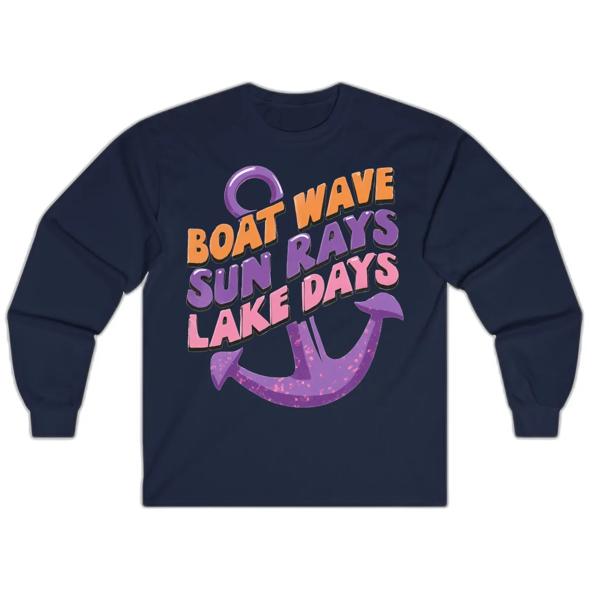 Boat Wave Sun Rays Lake Days Design Long Sleeve in Navy