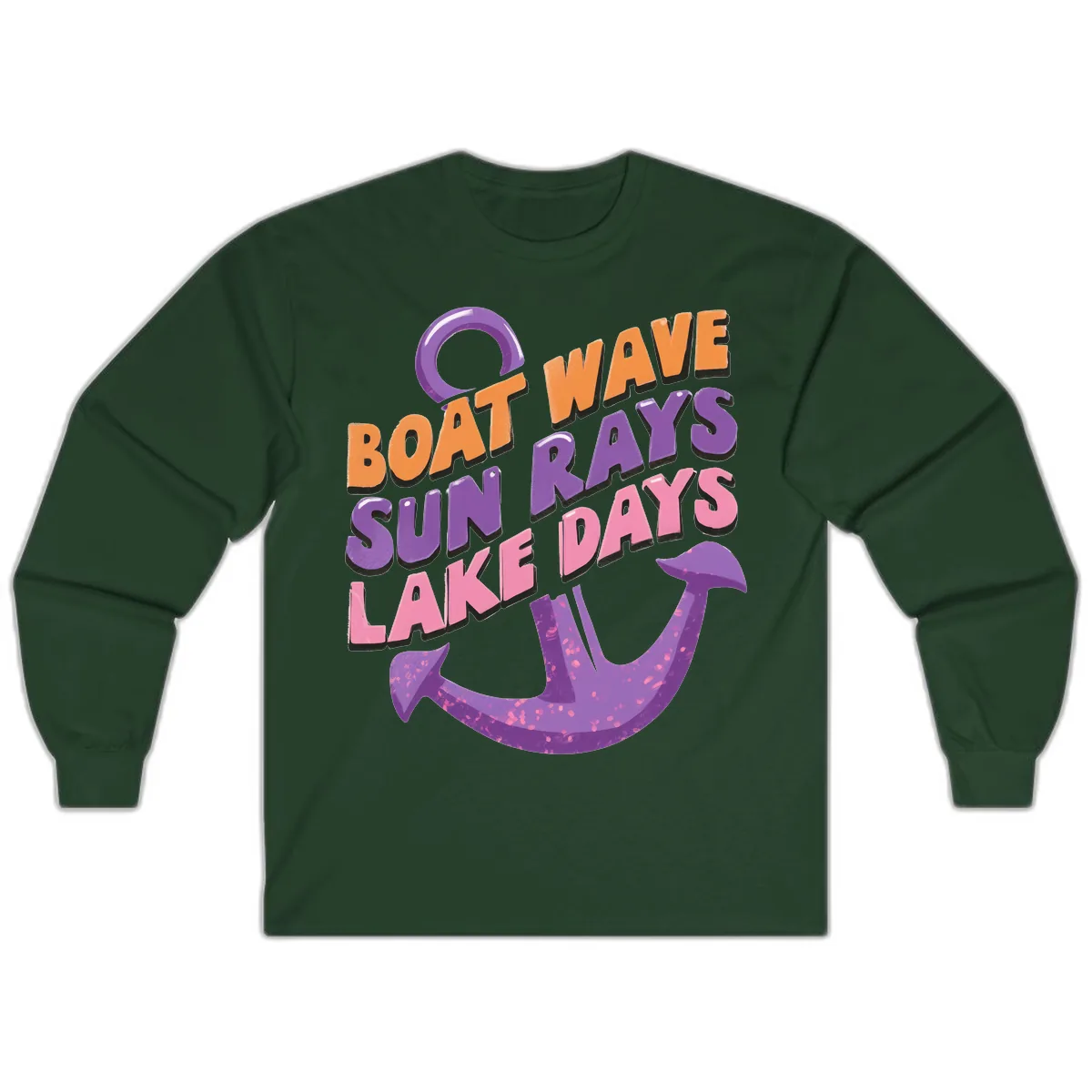 Boat Wave Sun Rays Lake Days Design Long Sleeve in Forest Green