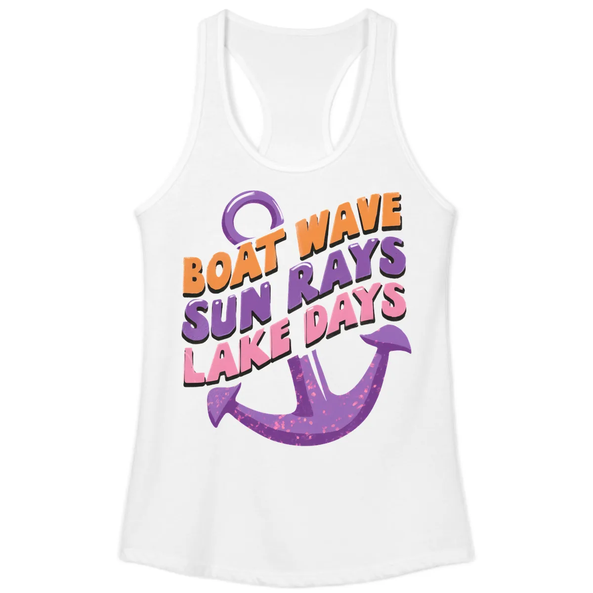 Boat Wave Sun Rays Lake Days Design Ladies Tank in White