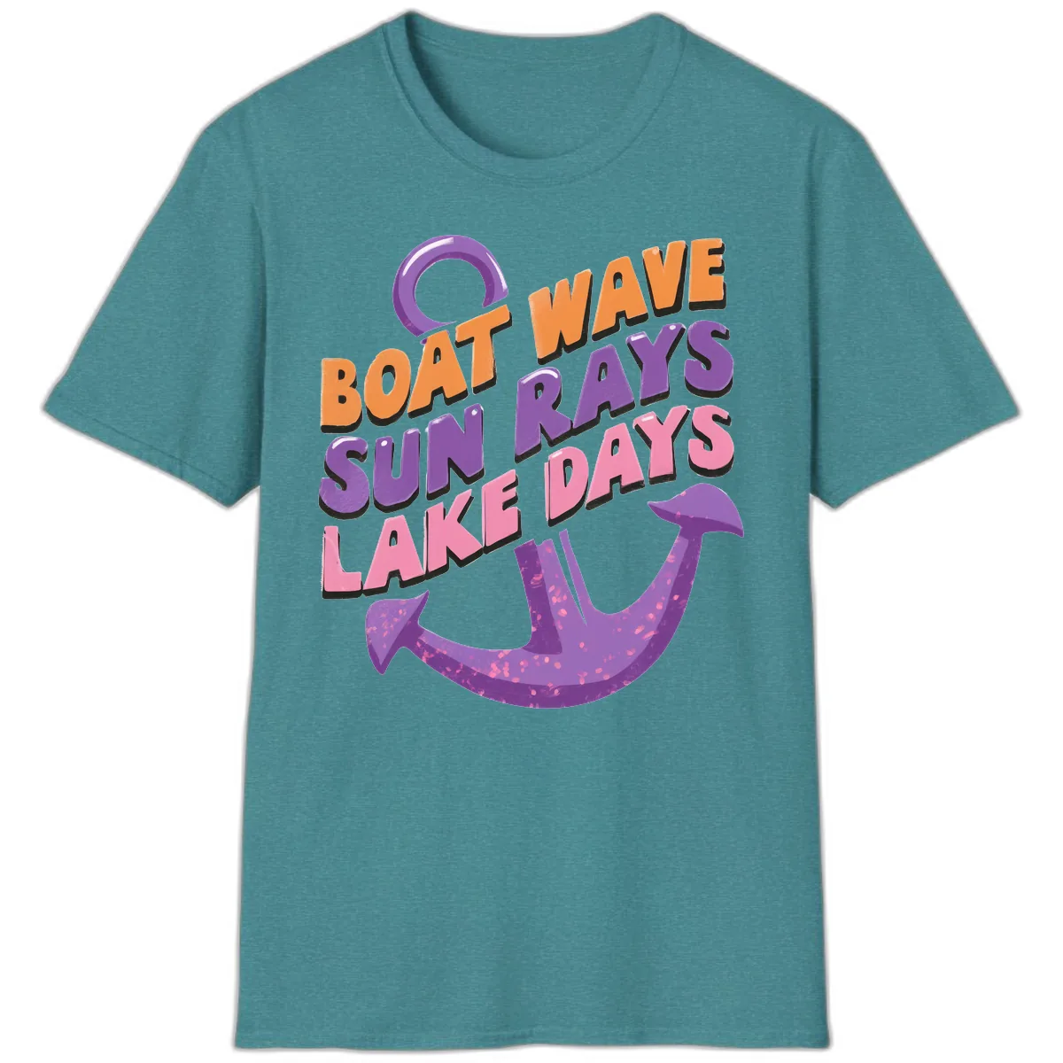 Boat Wave Sun Rays Lake Days Design T-Shirt in Heather Galapagos Blue