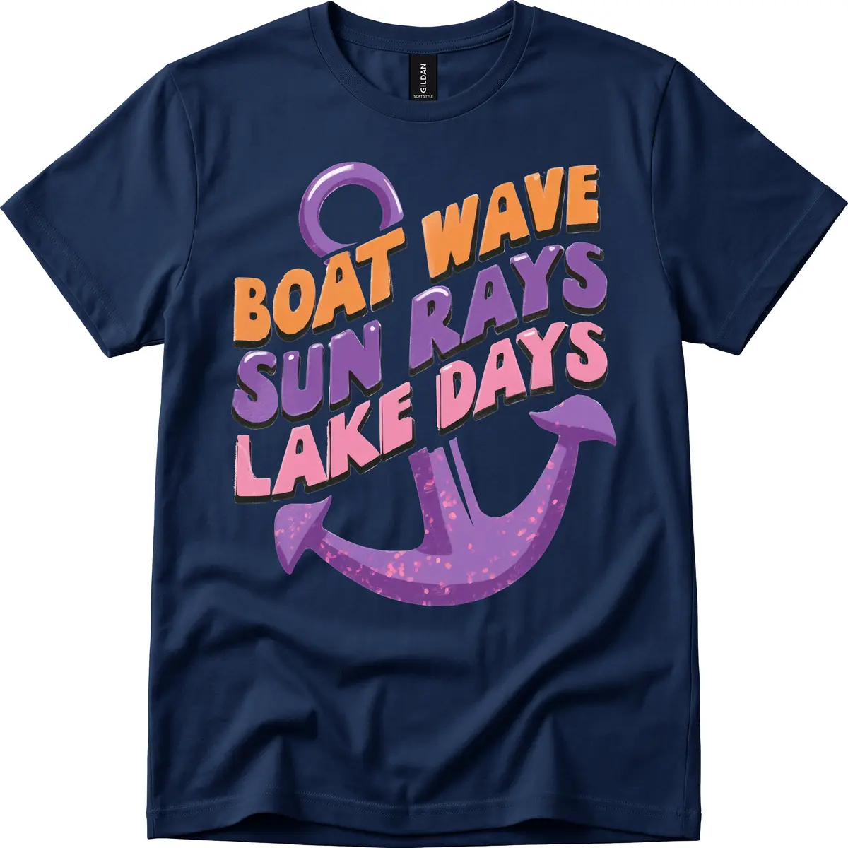 Boat Wave Sun Rays Lake Days Design T-Shirt in Navy