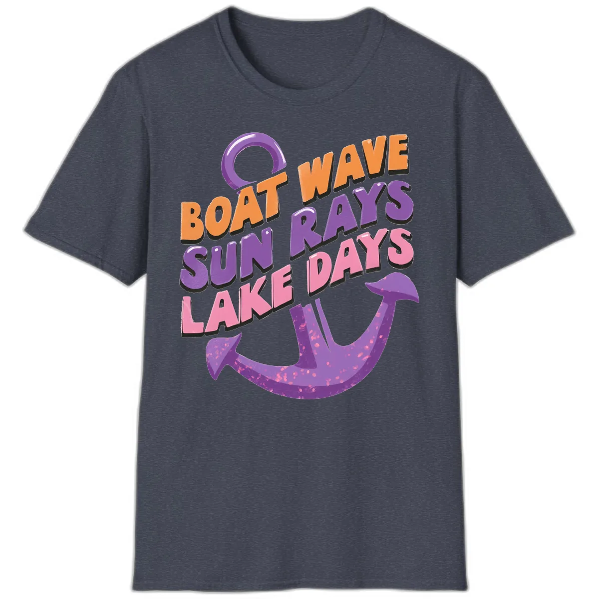 Boat Wave Sun Rays Lake Days Design T-Shirt in Heather Navy