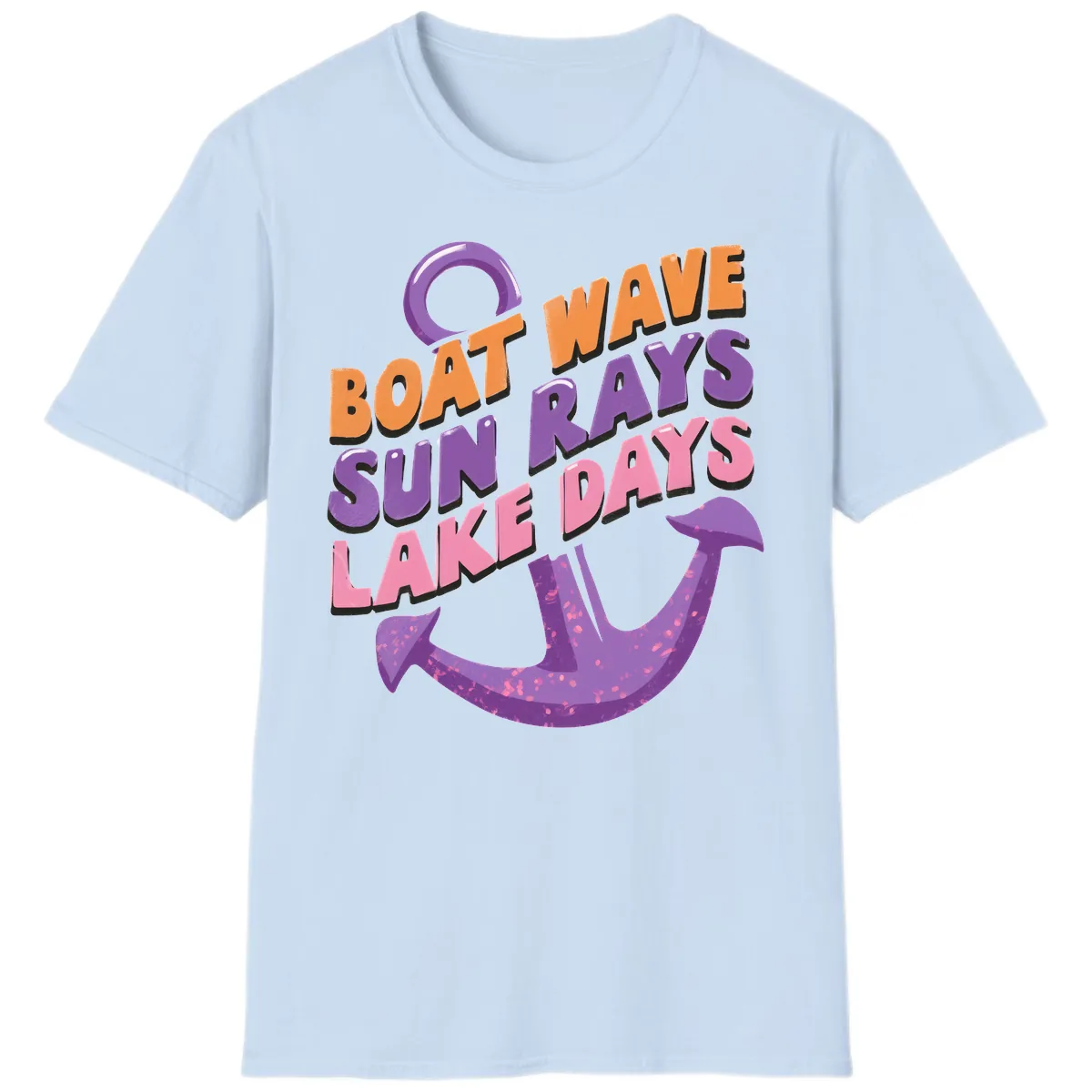 Boat Wave Sun Rays Lake Days Design T-Shirt in Light Blue