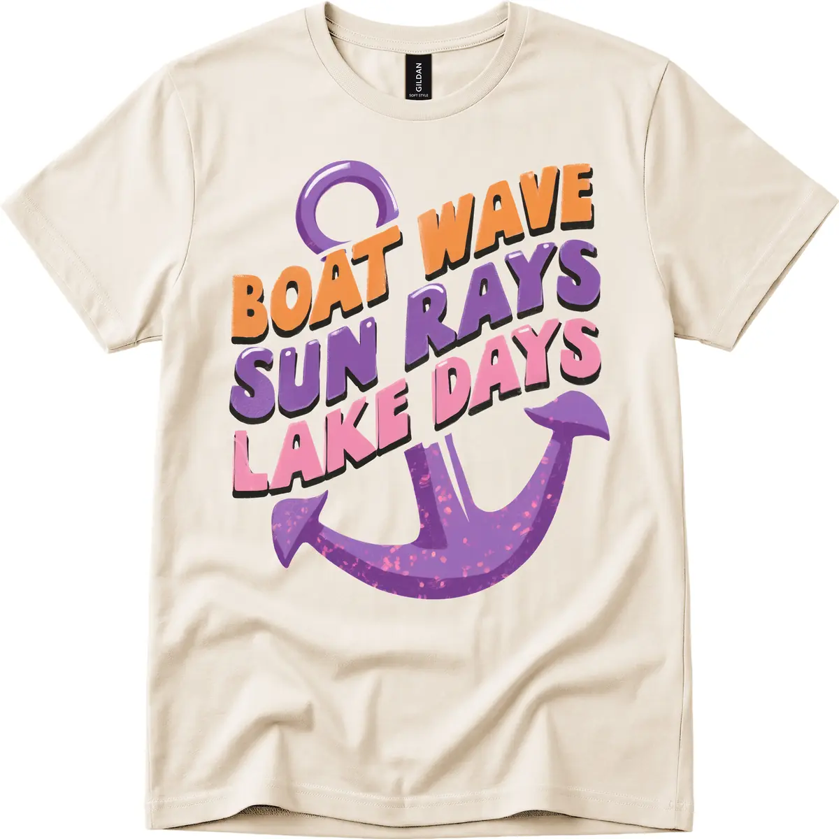 Boat Wave Sun Rays Lake Days Design T-Shirt in Natural