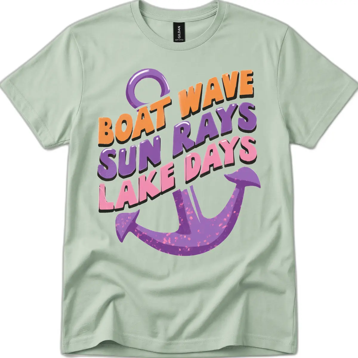 Boat Wave Sun Rays Lake Days Design T-Shirt in Sage