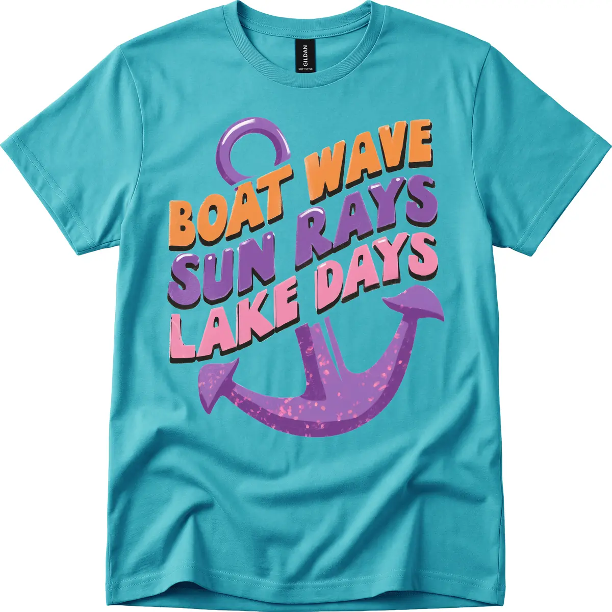 Boat Wave Sun Rays Lake Days Design T-Shirt in Tropical Blue