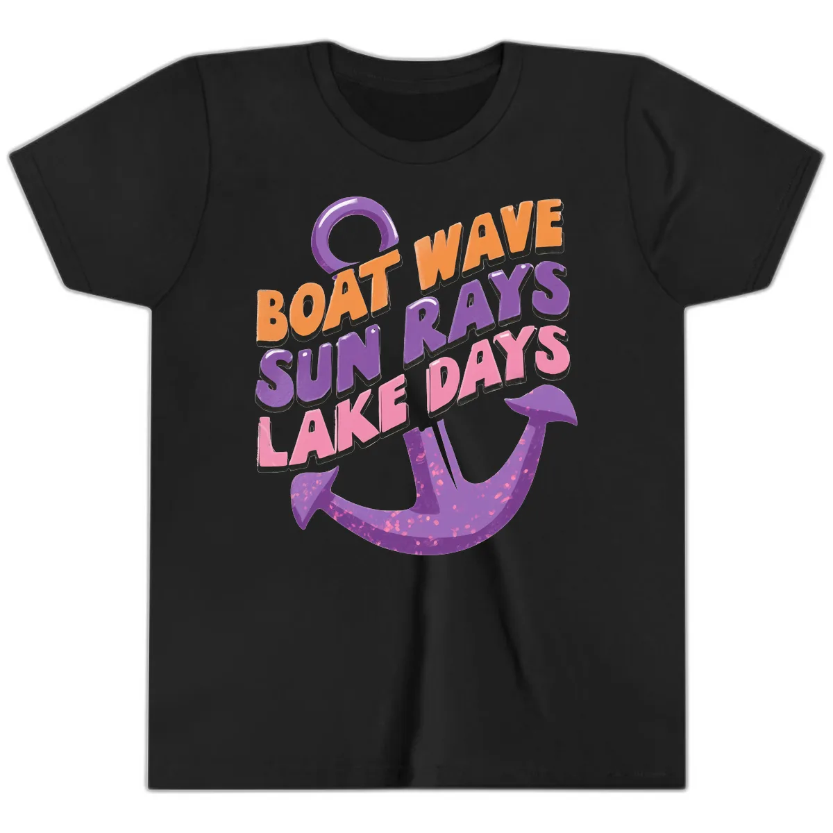 Boat Wave Sun Rays Lake Days Design Youth T-Shirt in Black