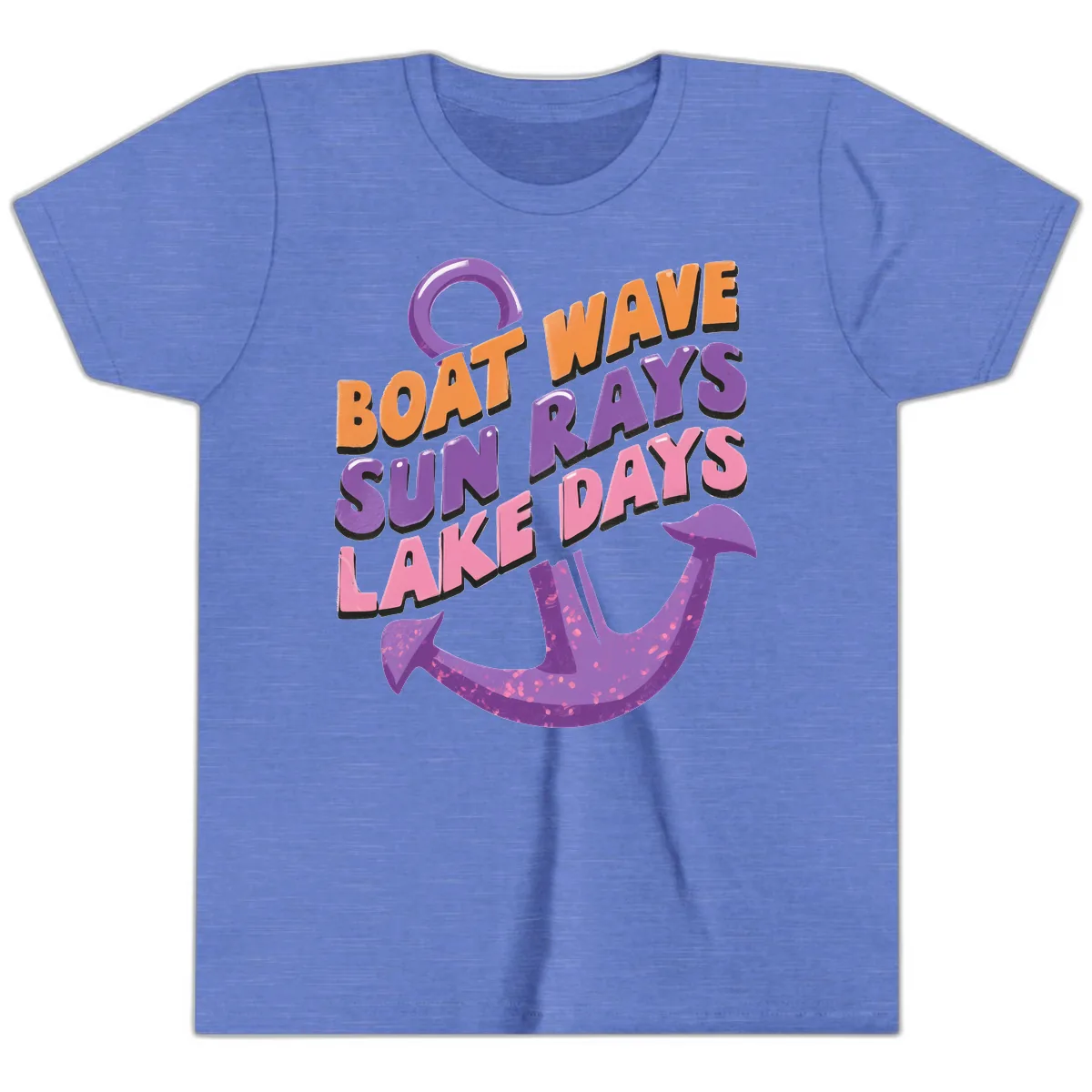 Boat Wave Sun Rays Lake Days Design Youth T-Shirt in Heather Columbia Blue