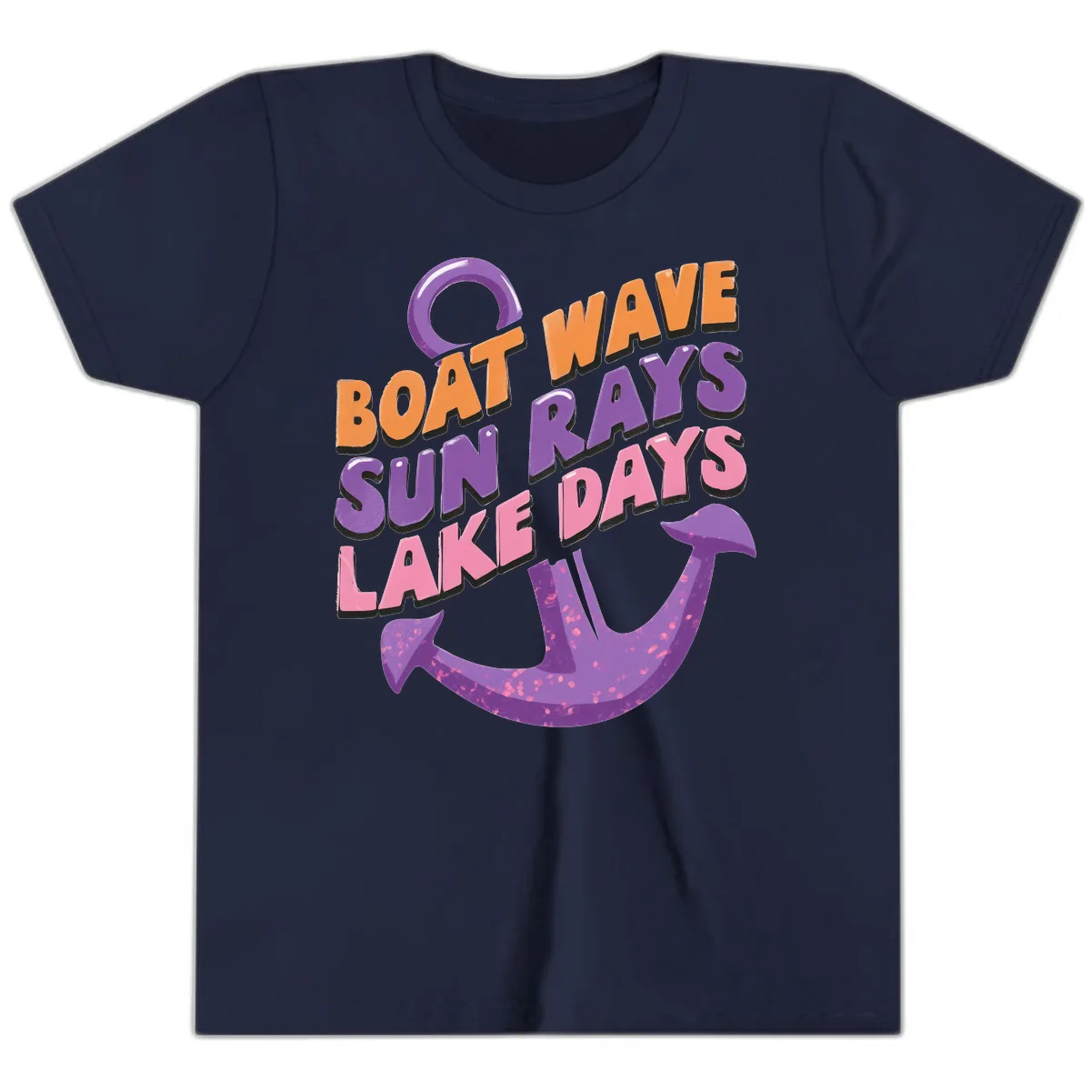 Boat Wave Sun Rays Lake Days Design Youth T-Shirt in Navy