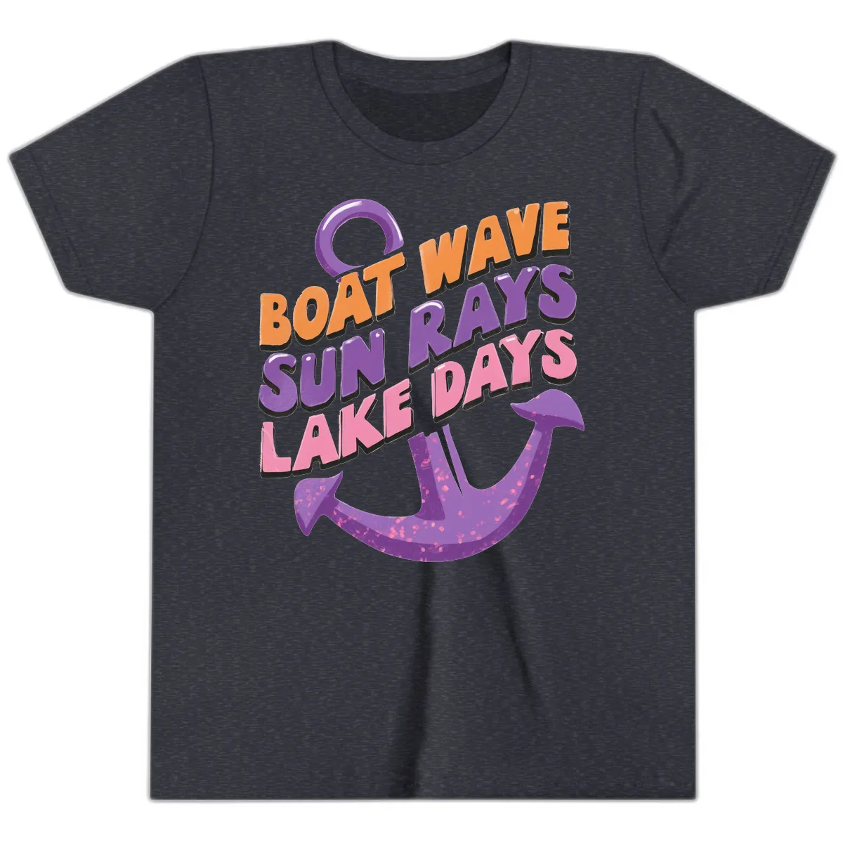 Boat Wave Sun Rays Lake Days Design Youth T-Shirt in Heather Navy
