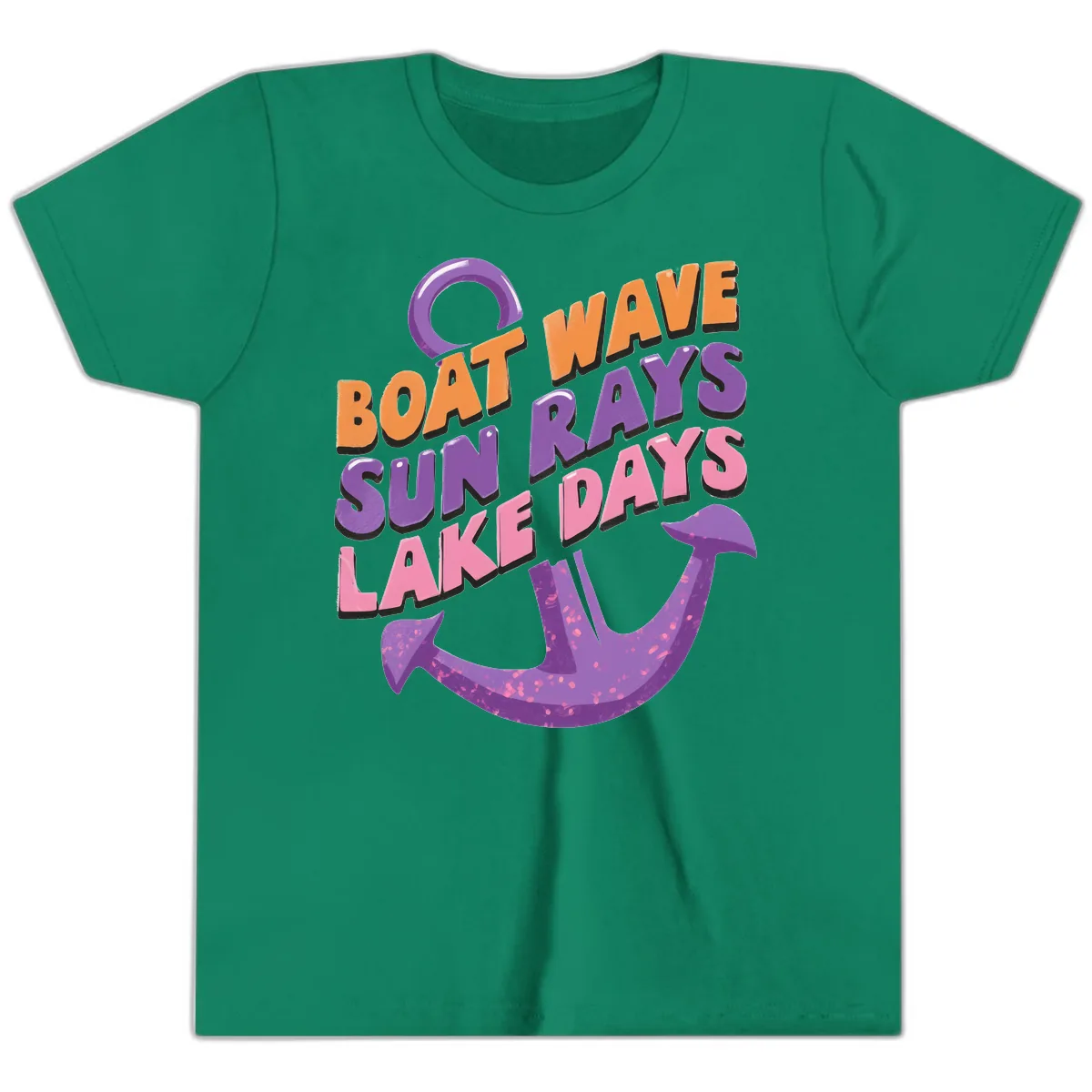 Boat Wave Sun Rays Lake Days Design Youth T-Shirt in Kelly