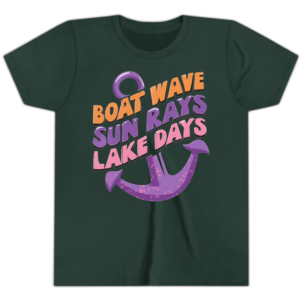 Boat Wave Sun Rays Lake Days Design Youth T-Shirt in Forest