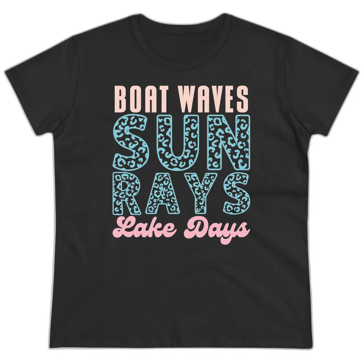 Boat Waves Sun Rays Lake Days Design Ladies Tee in Black