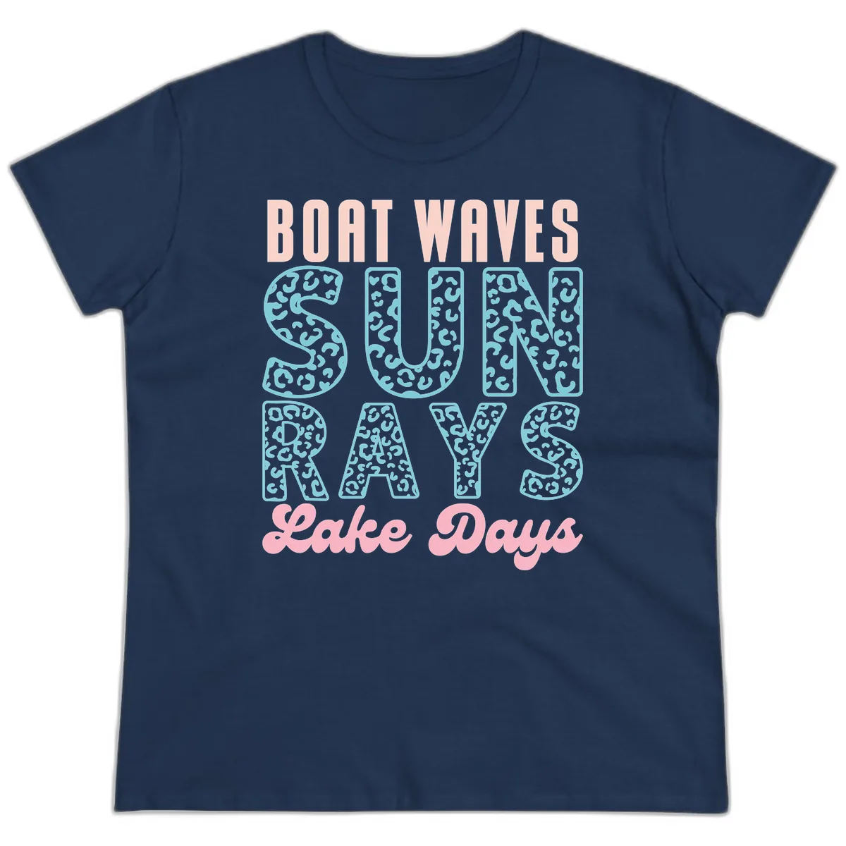 Boat Waves Sun Rays Lake Days Design Ladies Tee in Navy