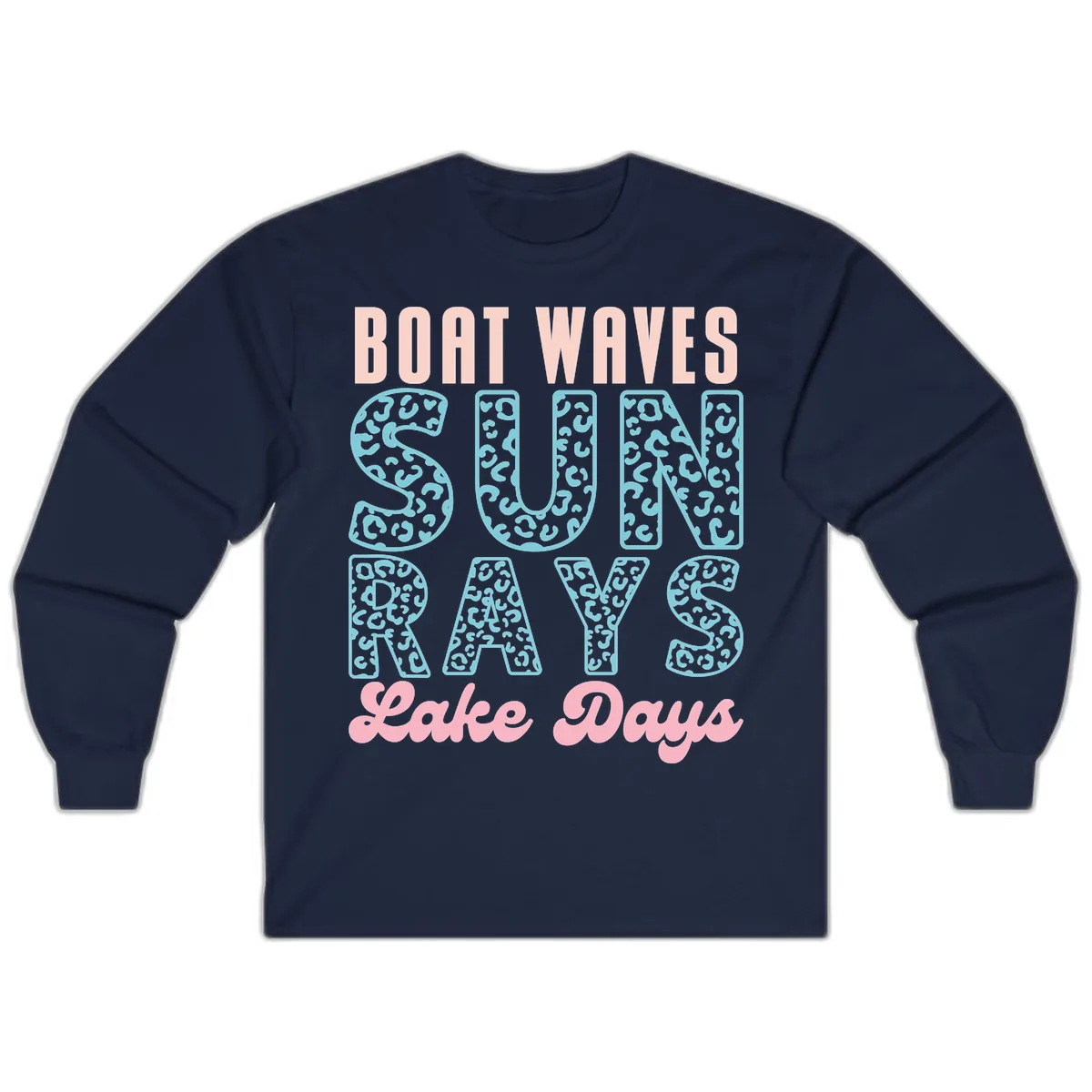 Boat Waves Sun Rays Lake Days Design Long Sleeve in Navy
