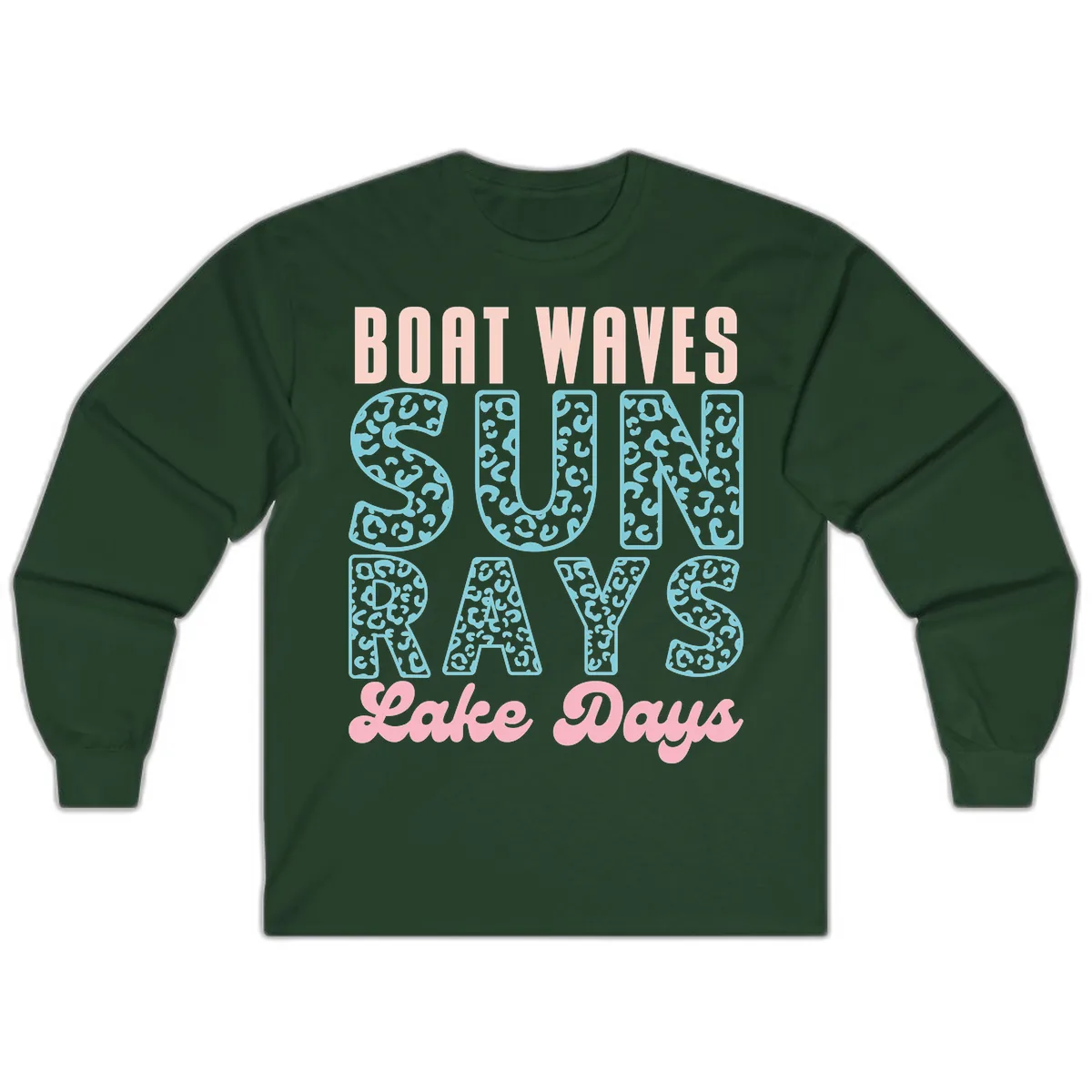 Boat Waves Sun Rays Lake Days Design Long Sleeve in Forest Green