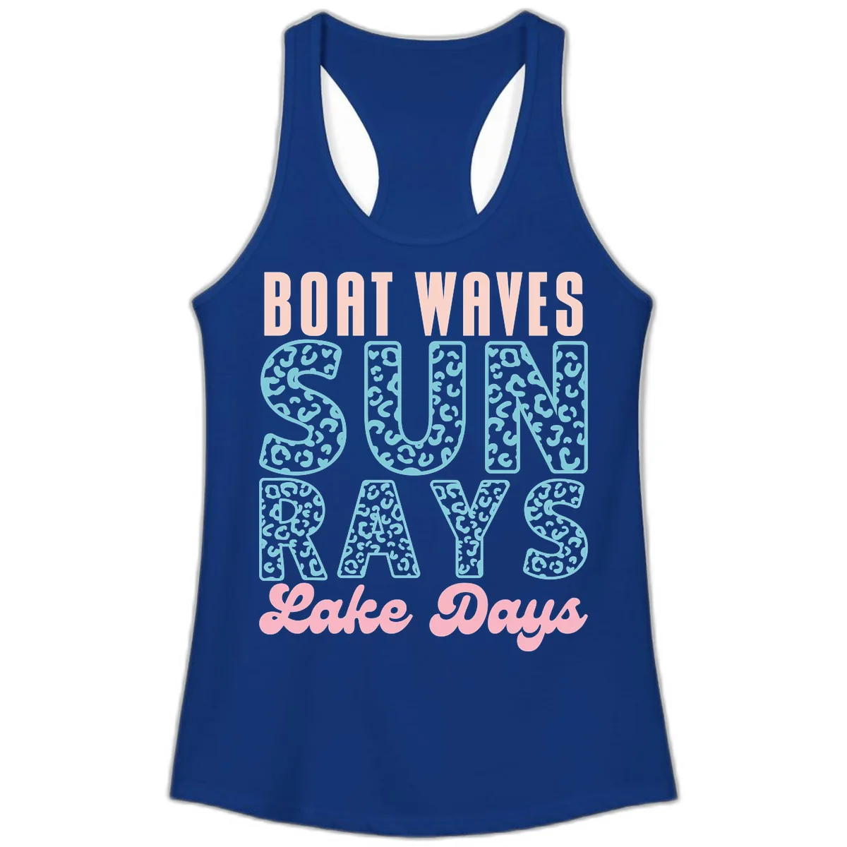 Boat Waves Sun Rays Lake Days Design Ladies Tank in Solid Royal