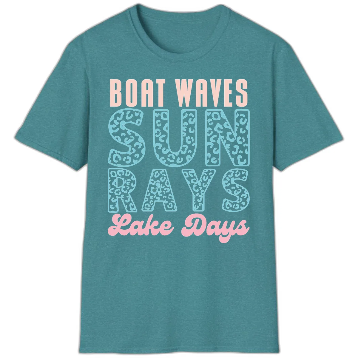 Boat Waves Sun Rays Lake Days Design T-Shirt in Heather Galapagos Blue