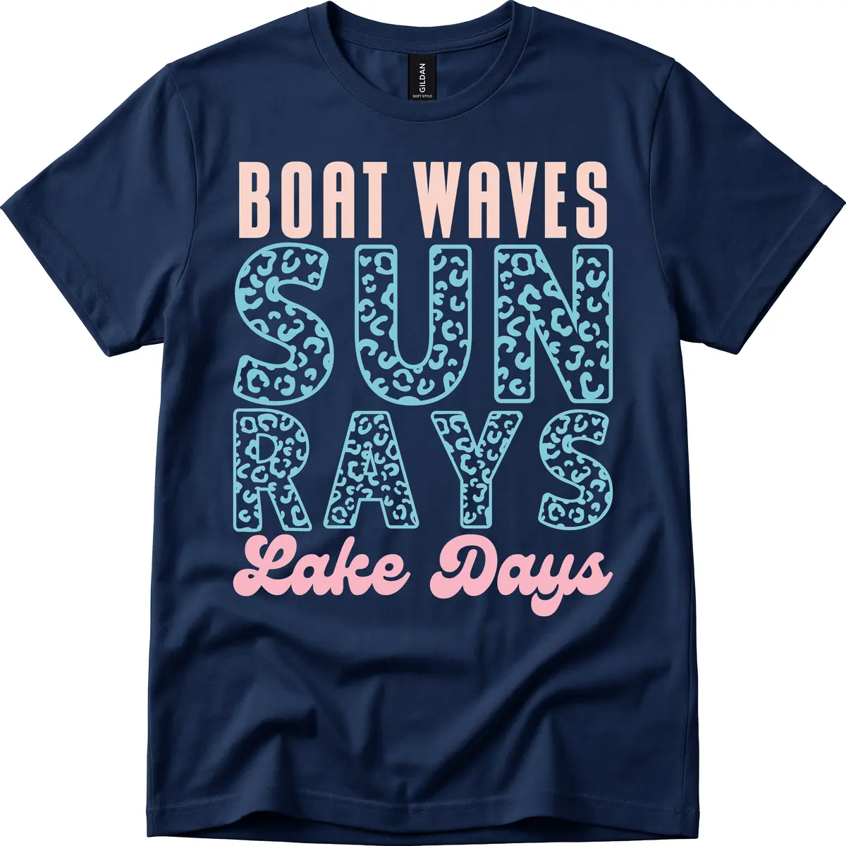 Boat Waves Sun Rays Lake Days Design T-Shirt in Navy
