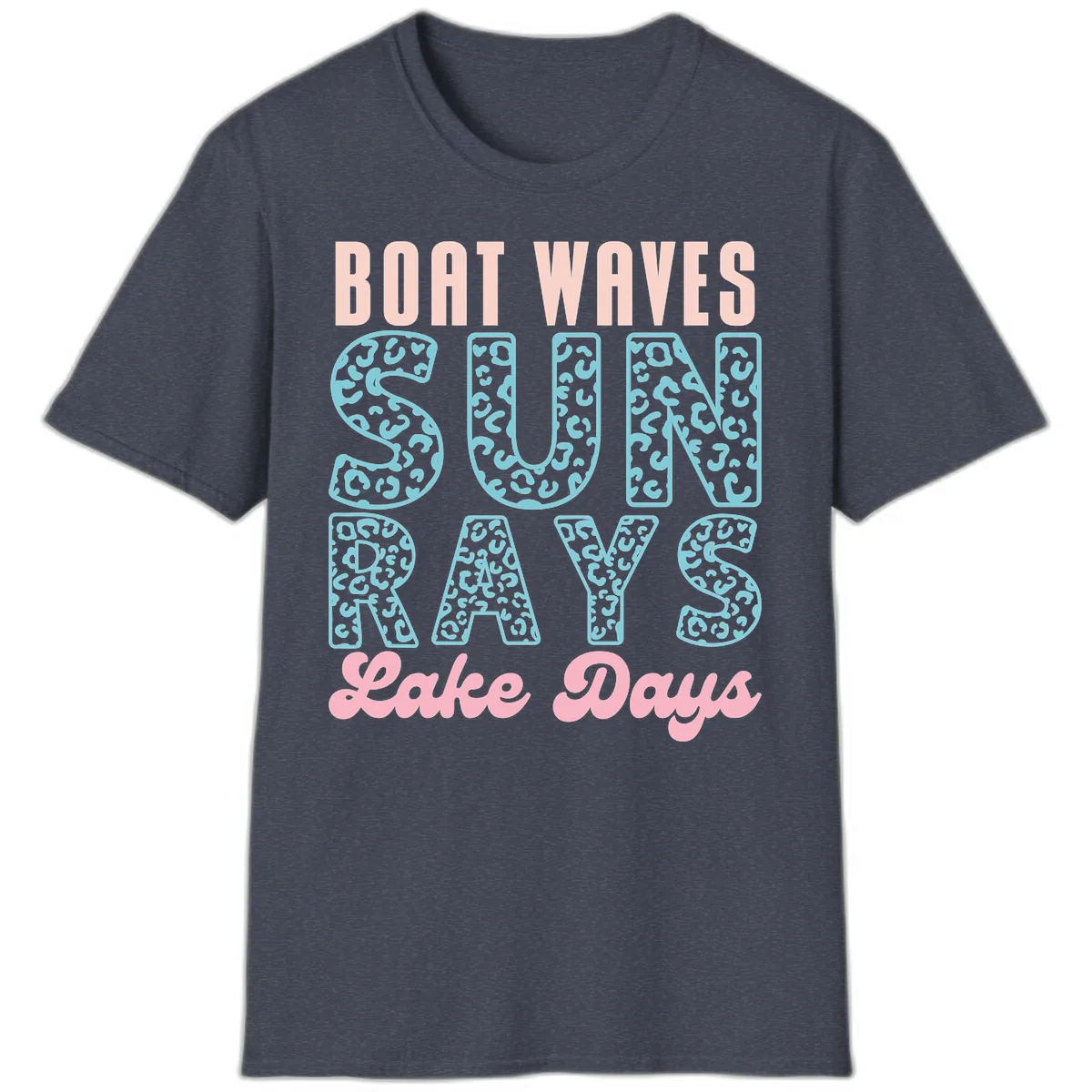 Boat Waves Sun Rays Lake Days Design T-Shirt in Heather Navy