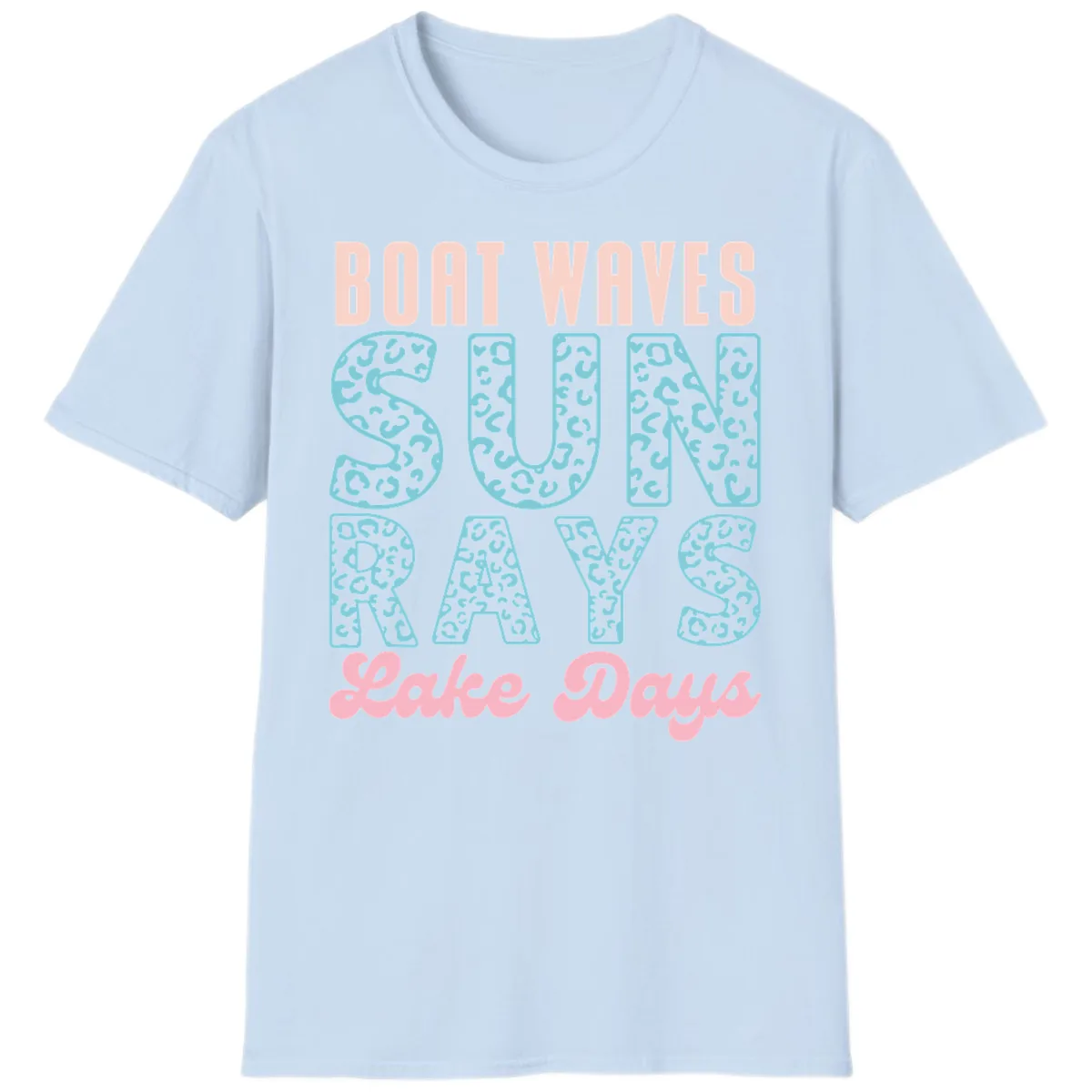Boat Waves Sun Rays Lake Days Design T-Shirt in Light Blue