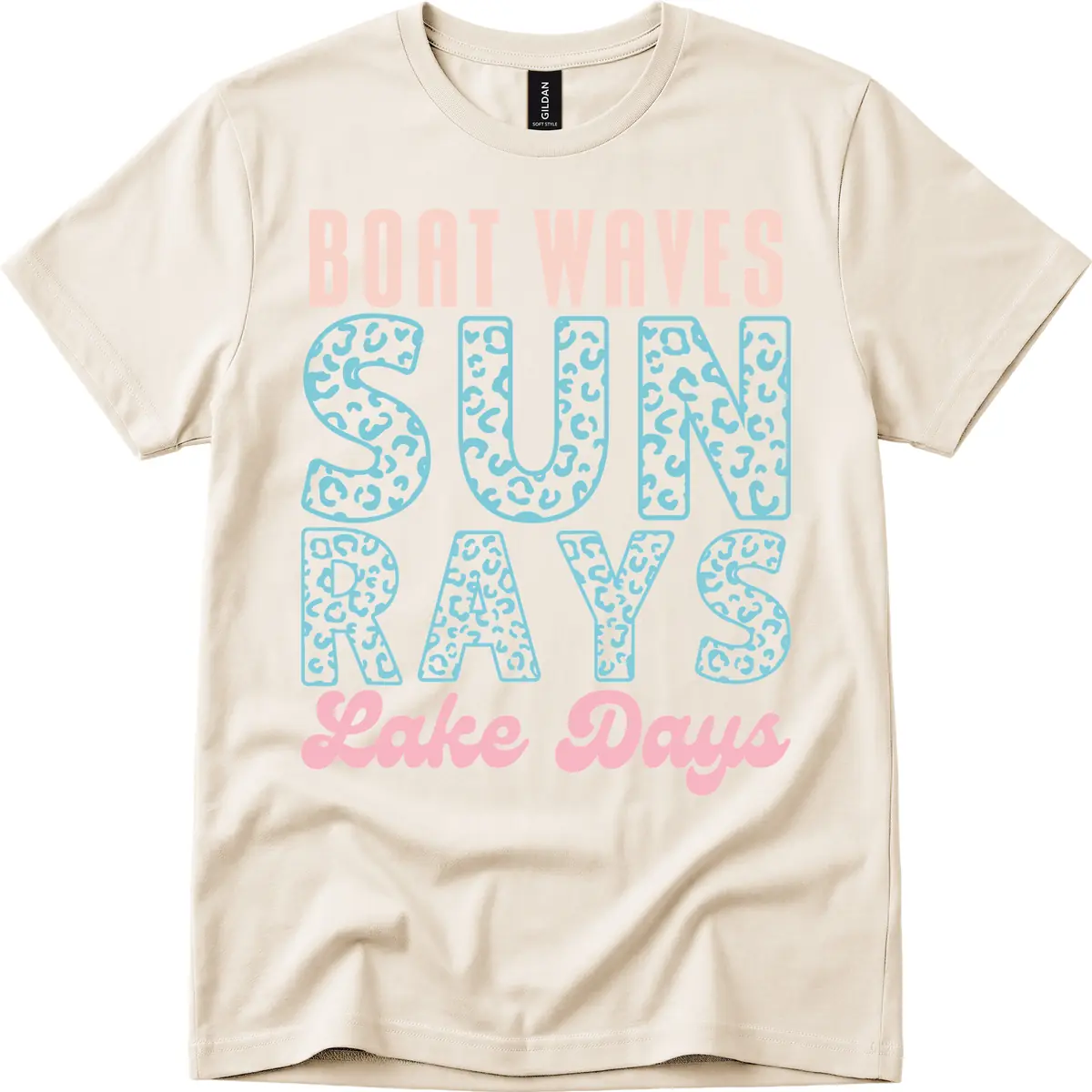 Boat Waves Sun Rays Lake Days Design T-Shirt in Natural