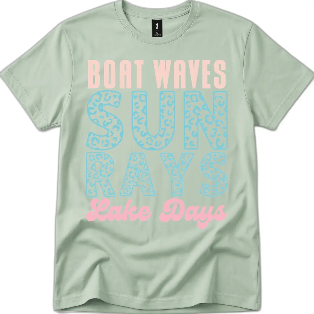 Boat Waves Sun Rays Lake Days Design T-Shirt in Sage
