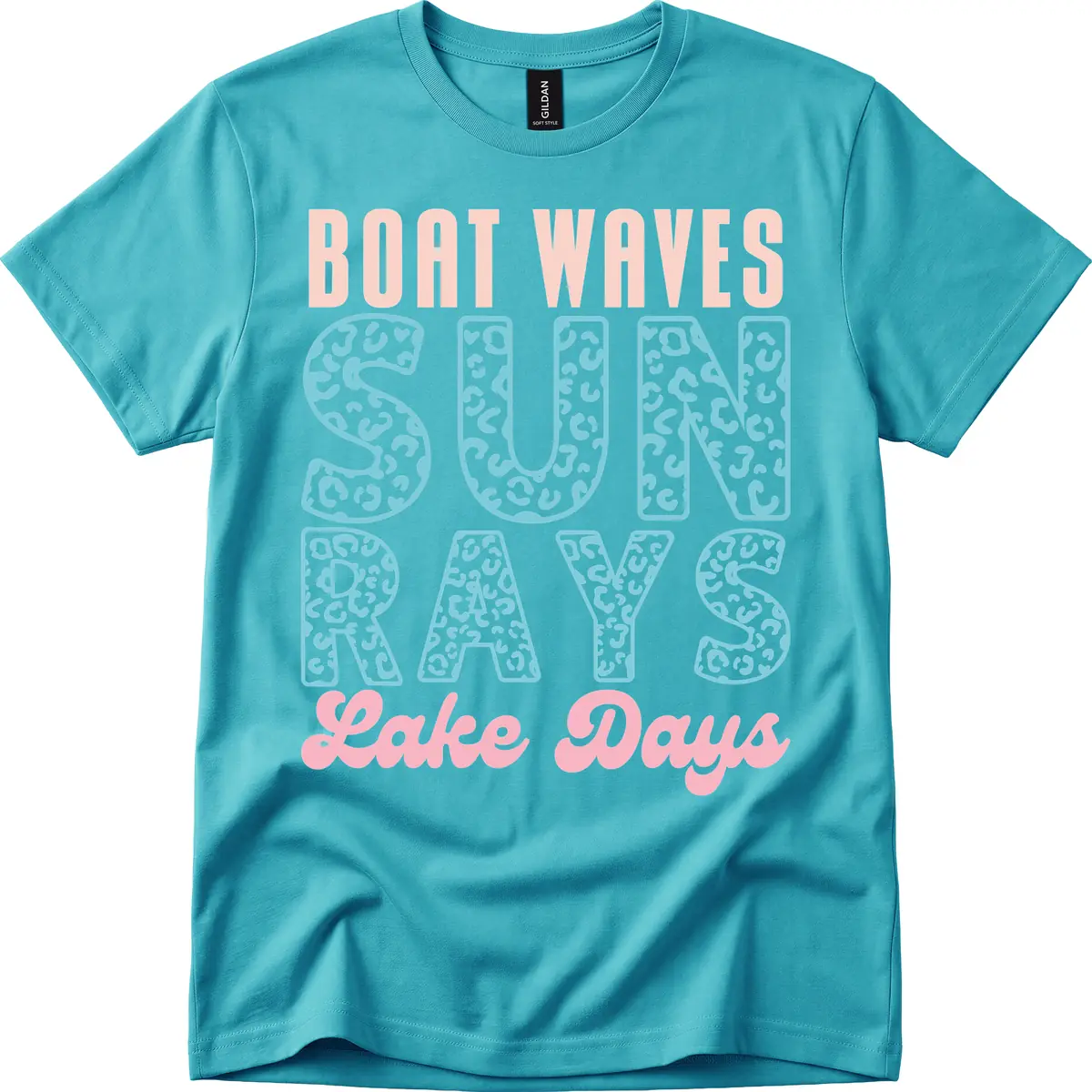 Boat Waves Sun Rays Lake Days Design T-Shirt in Tropical Blue