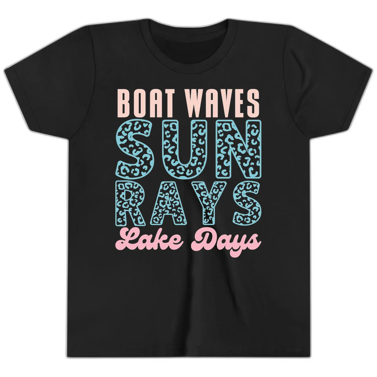 Boat Waves Sun Rays Lake Days Design Youth T-Shirt in Black